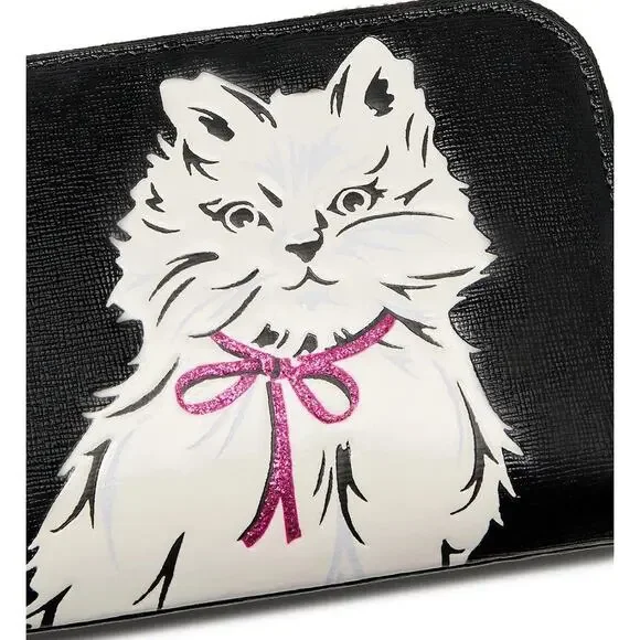 Kate Spade Whiskers Zip Around Continental Wallet KI714 Black with White Cat - Picture 3 of 12